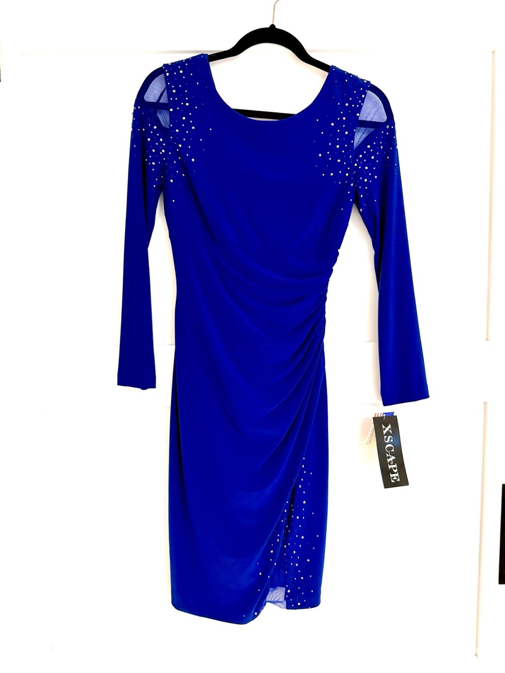 Xscape Cobalt Blue Long Sleeve Embellished Sheath Dress